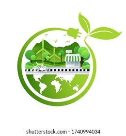 Paper art and digital craft style of world wildlife, green eco city, wind turbine and solar cell, world environment and earth day concept. eps 10 vector. 
