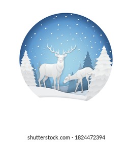 Paper art and digital craft style of deer couple in forest with snow in the winter season and Christmas day concept, Vector illustration