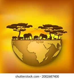 Paper art and digital craft style of world animal Day , elephant, Rhino and deers in the grass with sunrise , Vector illustration.