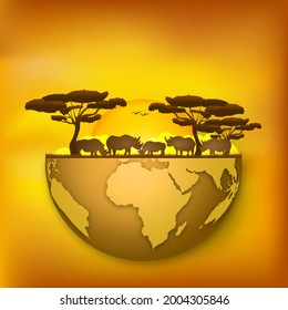 Paper art and digital craft style of world animal Day , Rhinos the forest with sunrise , Vector illustration.