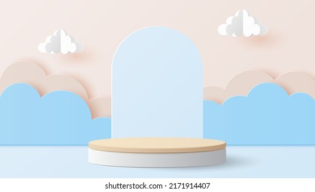 Paper Art And Digital Craft Style Of Wood Cylinder Podium With Clouds For Products Display Presentation, Mock Up, Show Cosmetic. Vector Illustration