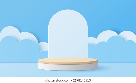 Paper Art And Digital Craft Style Of Wood Cylinder Podium With Clouds For Products Display Presentation, Mock Up, Show Cosmetic. Vector Illustration