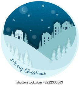 Paper art and digital craft style. Houses, forest with snow in the winter season and Christmas day concept. Vector illustration art in paper cut design. 