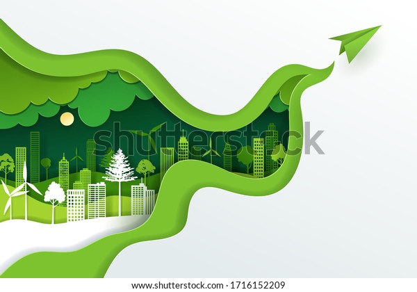 Paper art and digital craft style of landscape\
with green eco urban city, Earth day and world environment day\
concept, eps 10 vector.