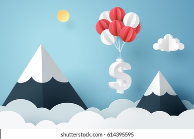 Paper art of dollar sign hanging with balloon, business and finance concept and paper art idea, vector art and illustration.