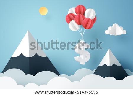 Paper art of dollar sign hanging with balloon, business and finance concept and paper art idea, vector art and illustration.