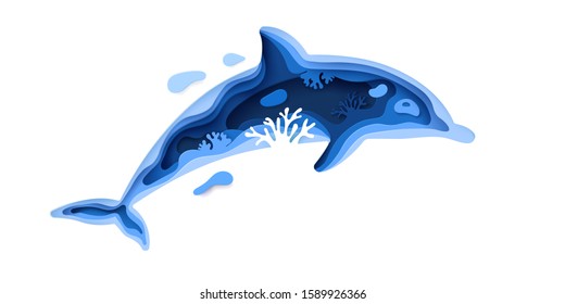 Paper art dolphin silhouette underwater ocean environment concept . Paper cut sea background with dolphin, waves and coral reefs. Save the ocean and ecology idea concept. Craft vector illustration