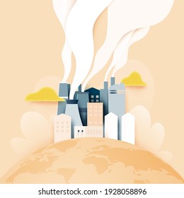 Paper art of the earth with smoke and air pollution from city and factory industry building.Stop global warming concept.Vector illustration.