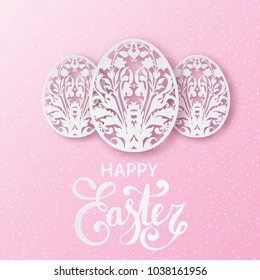 Paper art easter egg. 3d ornate paper carve egg shape with floral motifs. Holiday decorative element. Vector illustration. Modern origami design