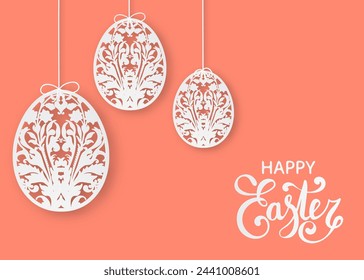 Paper art easter egg. 3d ornate paper carve egg shape,  floral motifs. Holiday decorative element. Vector illustration. 