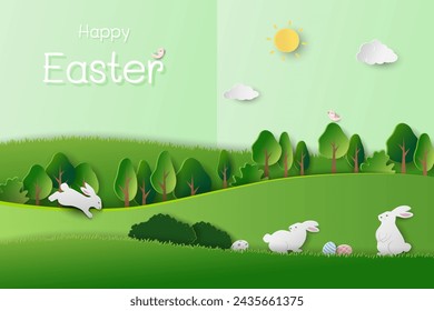 Paper art Easter's day concept with white rabbits happy in the garden on sunshine day,vector illustration
