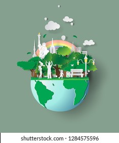 Paper art of eco friendly family concept and earth with environment day.Saving the world environment with family. Children are playing in the grass park.digital paper craft style.vector illustration