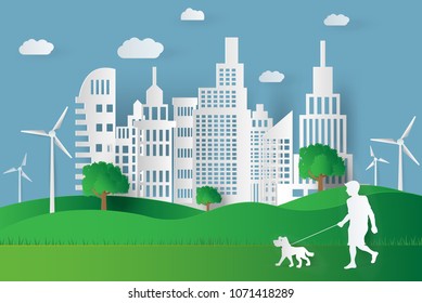 paper art of eco and green energy in city
