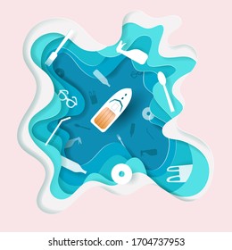 Paper art of ecological concept. Stop ocean plastic pollution with speed boat and plastics icon in the ocean, eps 10 vector.