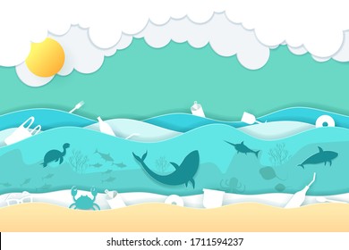 Paper Art Of Ecological Concept. Stop Ocean Plastic Pollution With Marine Animals And Plastics Icon In The Ocean, Eps 10 Vector.