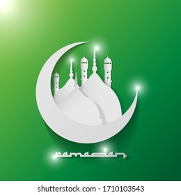 arte de papel con efecto Mezquita en luna creciente y fondo verde para Ramadán Kareem