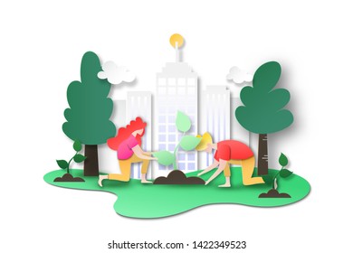 Paper art of environment and ecology conservation concept landing page background.People plant tree at city to green world.Vector illustration.