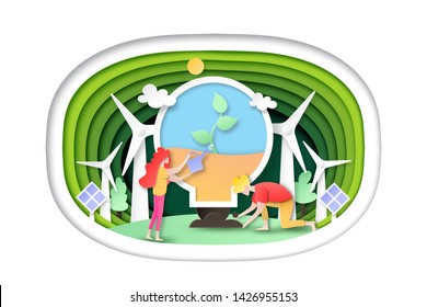 Paper art of environment and ecology conservation concept.People plant tree in light bulb on green layer background template.Vector illustration.