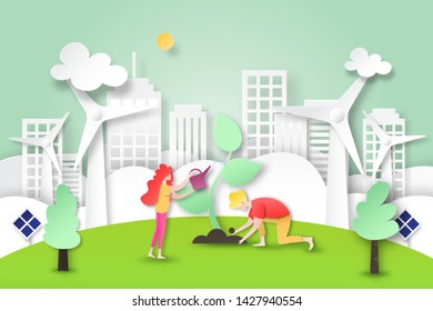 Paper art of environment and ecology conservation concept.People plant tree in green eco city and clean energy.Vector illustration.