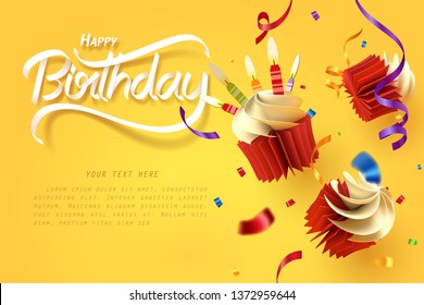 Paper Art Of Falling Cupcake, Happy Birthday Celebrate, Vector Art And Illustration.