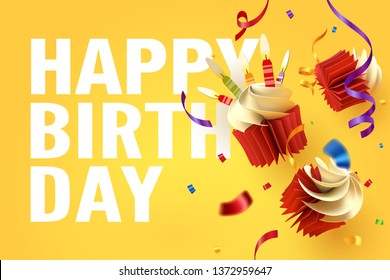 Paper Art Of Falling Cupcake, Happy Birthday Celebrate, Vector Art And Illustration.