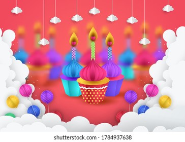 Paper art of falling cupcake, Happy birthday celebrate, art and illustration. 