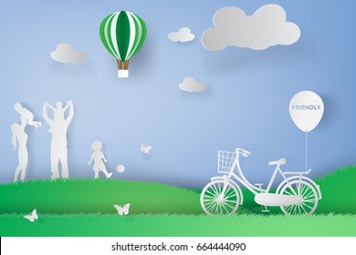 Paper art of family and children playing in garden park.Eco environment day concept.Happy families party enjoy lifestyle green nature.Creative paper cut and craft for holiday card.vector illustration