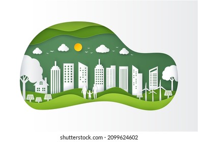Paper art family with green green eco urban city. Ecology  and environment conservation concept. vector illustration paper art craft style. Earth day and world. 