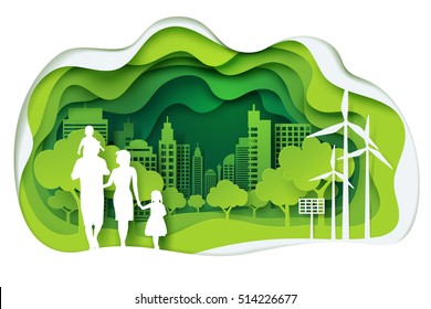Paper art of family and park on green town shape, origami concept and ecology idea, vector art and illustration.