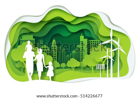 Paper art of family and park on green town shape, origami concept and ecology idea, vector art and illustration.