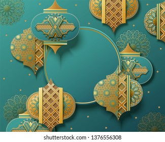 Paper art fanoos in turquoise and golden color for ramadan