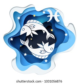 Paper art of fish to Pisces of zodiac and horoscope concept, vector art and illustration.