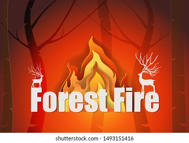 Paper Art Of Flame, Deer And Text For Forest Fire Background. Wildfire Vector Illustration Concept