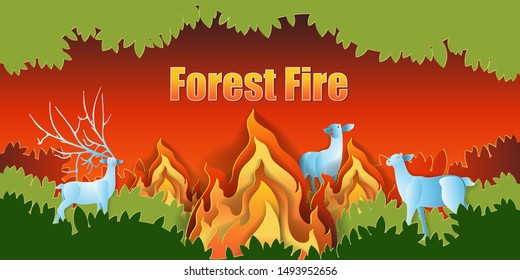 Paper art of flame, deer and text for forest fire background. Panorama Wildfire Vector illustration concept