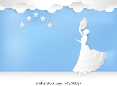 Paper art of Flamenco dance on blue, paper cut illustration