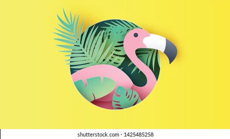 Paper art of flamingo and tropical leaves in a circle shape frame. Graphic design for Summer. paper cut and craft style. vector, illustration.