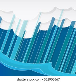 Paper art flat landscape design vector illustration with sea  clouds and rain