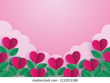 Paper art flower garden, background for Valentine's Day.