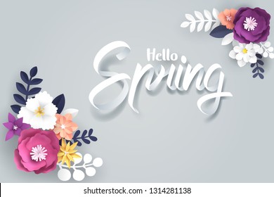 Paper art of Flower and Spring calligraphy lettering, vector art and illustration.