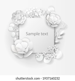 Paper art flower. Vector illustration for wedding, greeting card template.  Flowers background.