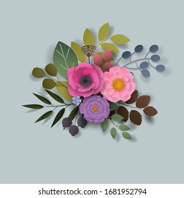 Paper Art Flowers Background, Bouquet, 3d Rendering.