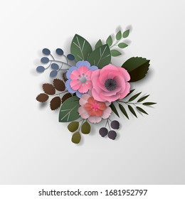 Paper Art Flowers Background, Bouquet, 3d Rendering.