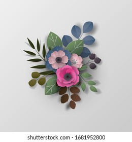 Paper art flowers background, bouquet, 3d rendering.