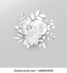 Paper art flowers background, bouquet, 3d rendering.