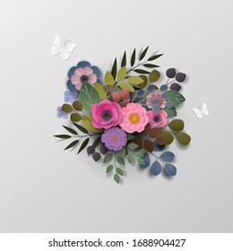 Paper art flowers background, bouquet, 3d rendering.