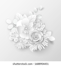 Paper Art Flowers Background, Bouquet, 3d Rendering.