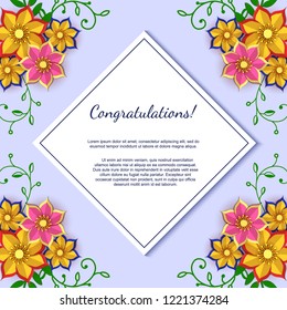 Paper art flowers background with sheet of paper. Floral square frame. Vector card illustration. Backdrop with paper flowers and place for text, for wedding invitation, spring sale, romantic letter