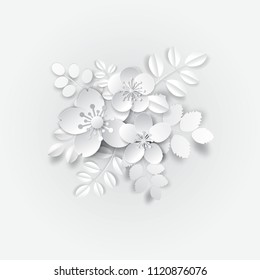 Paper art flowers. Design for card, greeting, invitation, brochure. Vector stock.