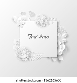 Paper art flowers frame for text, paper cut. Vector stock.