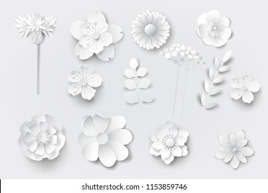 Paper Art Flowers Isolated Element. For Design Cards, Brochures, Background. Set - Vector Stock.